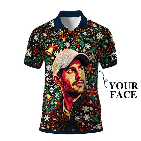 HOMYGIFTS Men’s Custom Face Golf Polo Shirt – Personalized Christmas Theme Polo Shirt