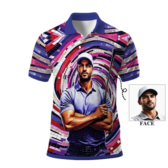 HOMYGIFTS Men’s Golf Polo Shirt – Custom Golfer Art Design with Colorful Mosaic Pattern