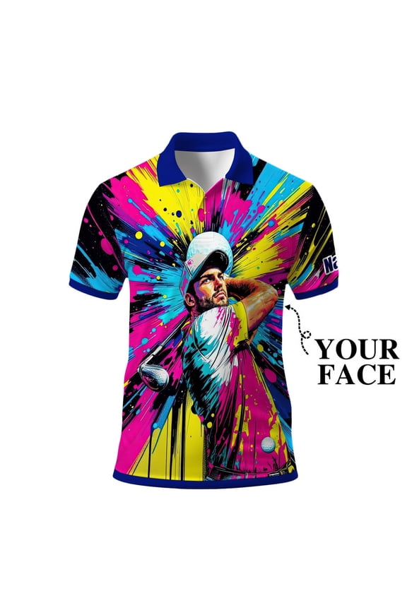 Men’s Pop Art Neon Grunge Golf Polo – Graffiti Spray & Metallic Sunburst