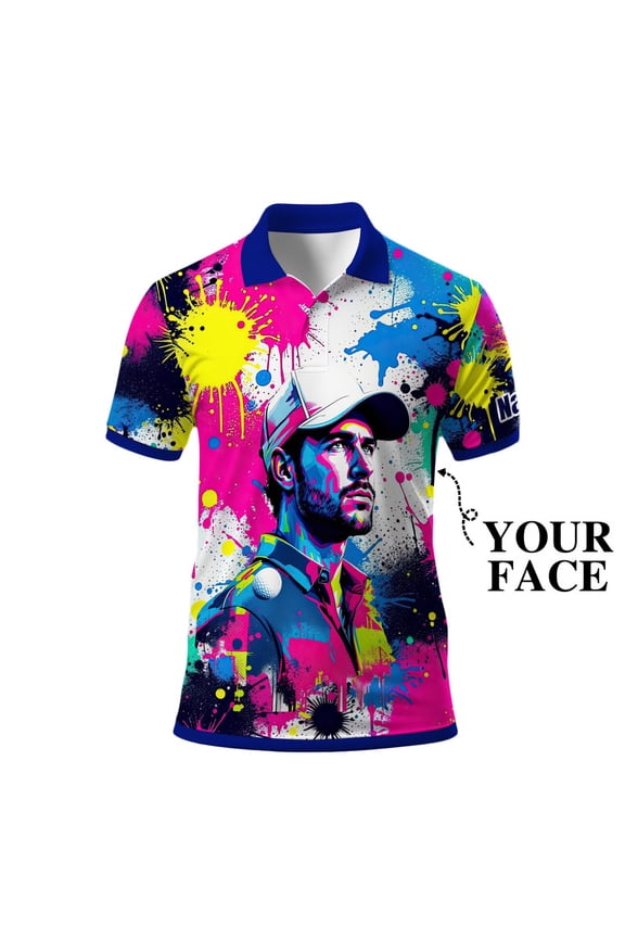 Men’s Pop Art Neon Grunge Golf Polo – Graffiti Spray & Metallic Sunburst