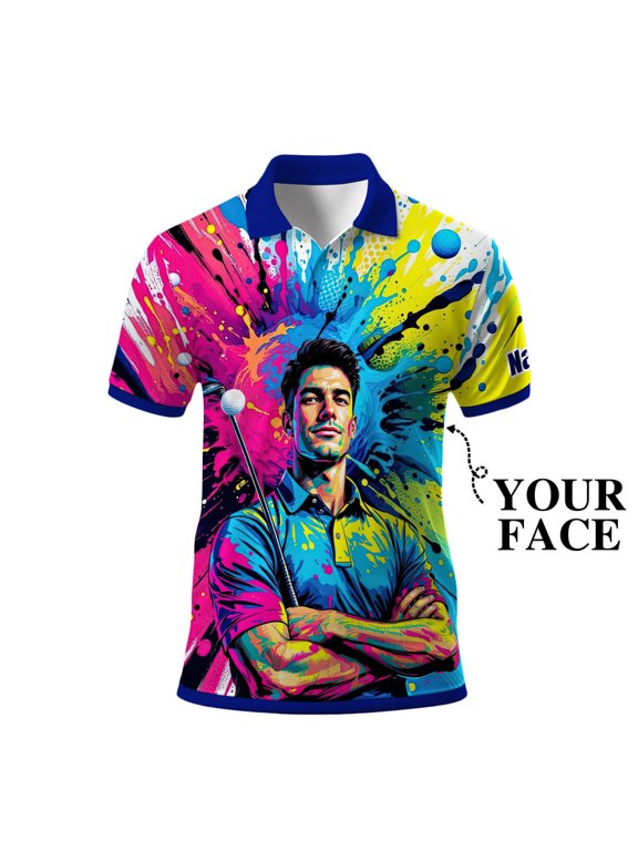 Men’s Pop Art Neon Grunge Golf Polo – Graffiti Spray & Metallic Sunburst