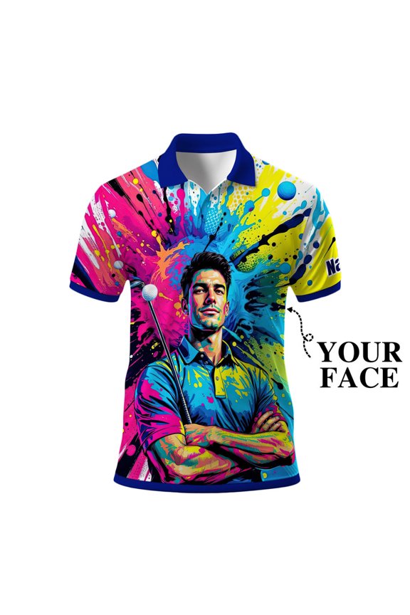 Men’s Pop Art Neon Grunge Golf Polo – Graffiti Spray & Metallic Sunburst