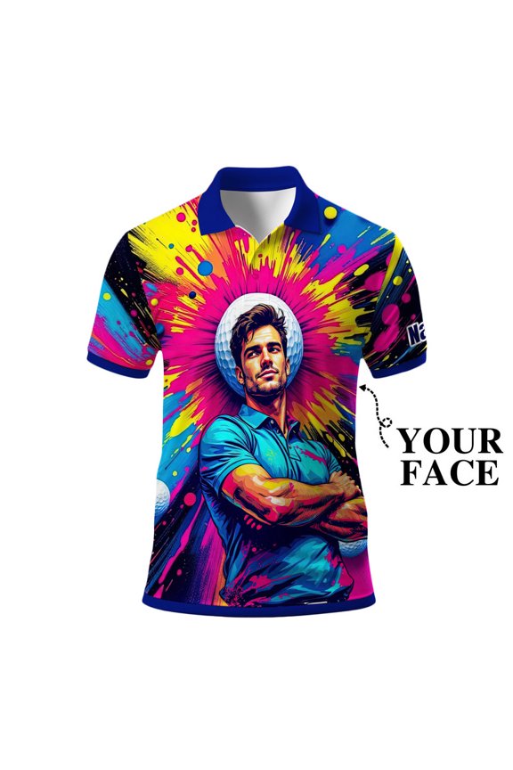 Men’s Pop Art Neon Grunge Golf Polo – Graffiti Spray & Metallic Sunburst