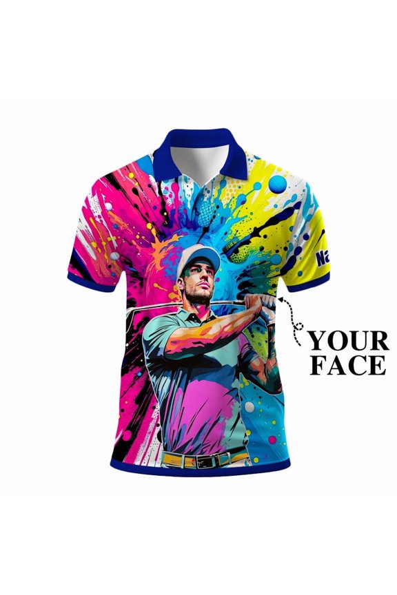 Men’s Pop Art Neon Grunge Golf Polo – Graffiti Spray & Metallic Sunburst