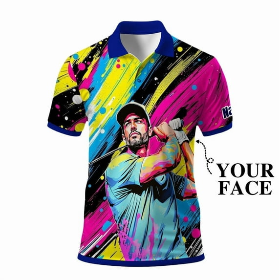 HOMYGIFTS Men’s Pop Art Neon Grunge Golf Polo – Graffiti Spray & Metallic Sunburst