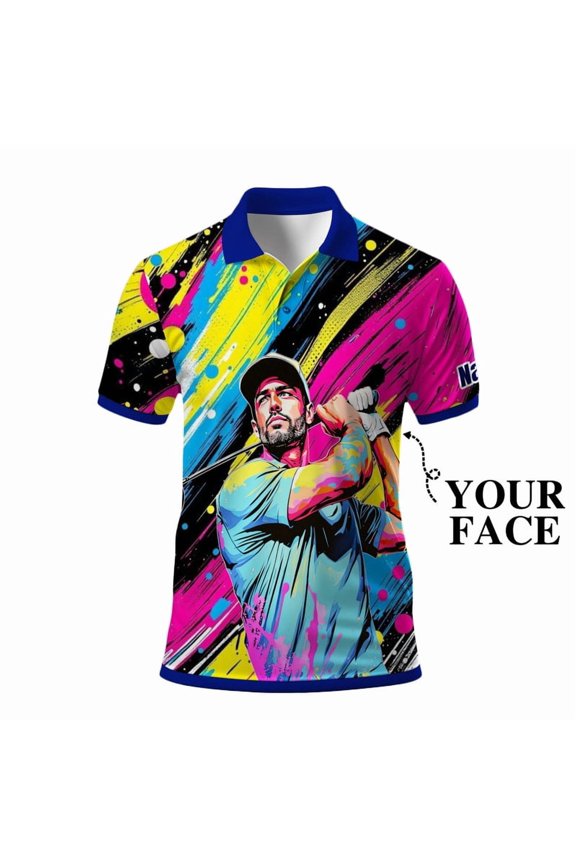 Men’s Pop Art Neon Grunge Golf Polo – Graffiti Spray & Metallic Sunburst