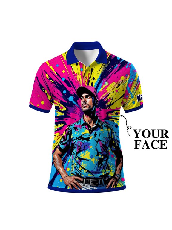 Men’s Pop Art Neon Grunge Golf Polo – Graffiti Spray & Metallic Sunburst