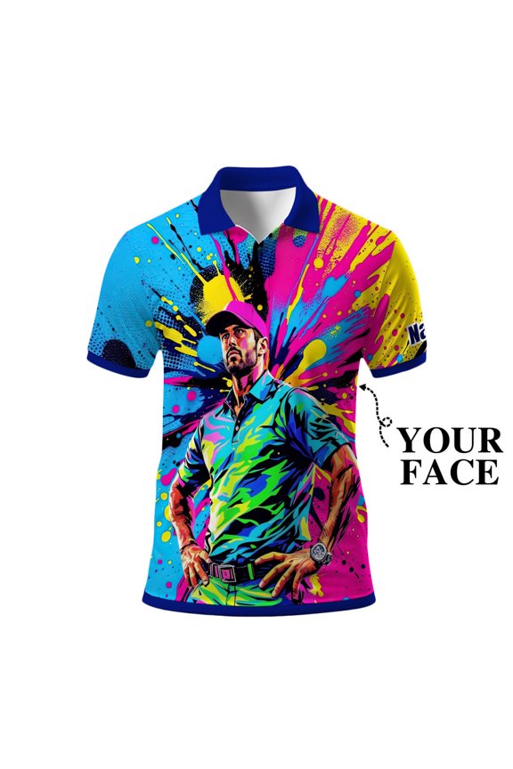 Men’s Pop Art Neon Grunge Golf Polo – Graffiti Spray & Metallic Sunburst
