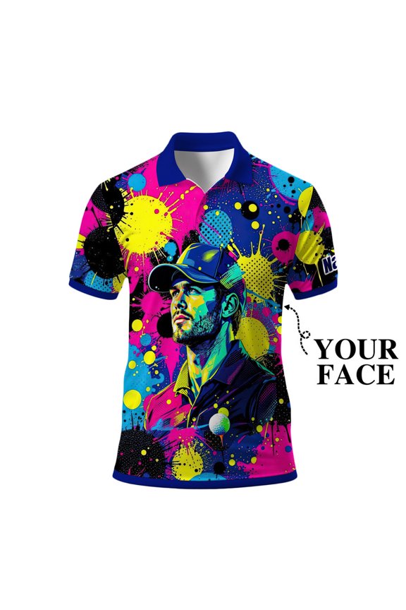 Men’s Pop Art Neon Grunge Golf Polo – Graffiti Spray & Metallic Sunburst