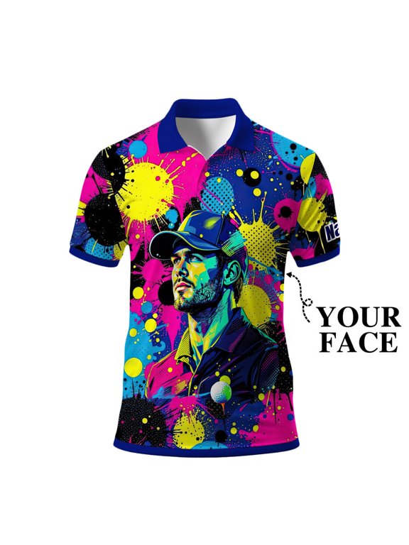 Men’s Pop Art Neon Grunge Golf Polo – Graffiti Spray & Metallic Sunburst