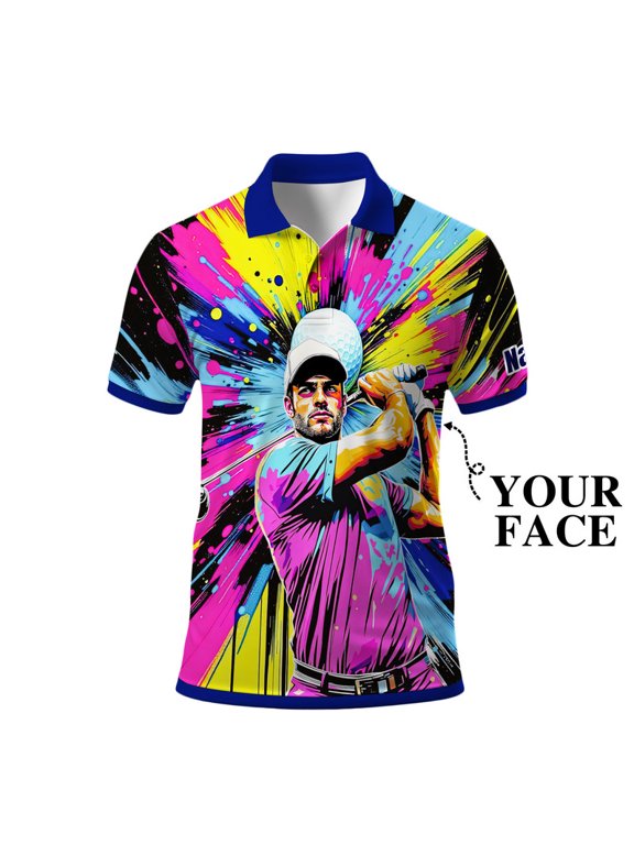 Men’s Pop Art Neon Grunge Golf Polo – Graffiti Spray & Metallic Sunburst