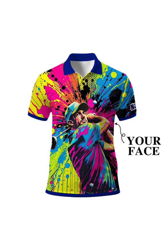 Men’s Pop Art Neon Grunge Golf Polo – Graffiti Spray & Metallic Sunburst