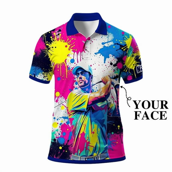 HOMYGIFTS Men’s Pop Art Neon Grunge Golf Polo – Graffiti Spray & Metallic Sunburst