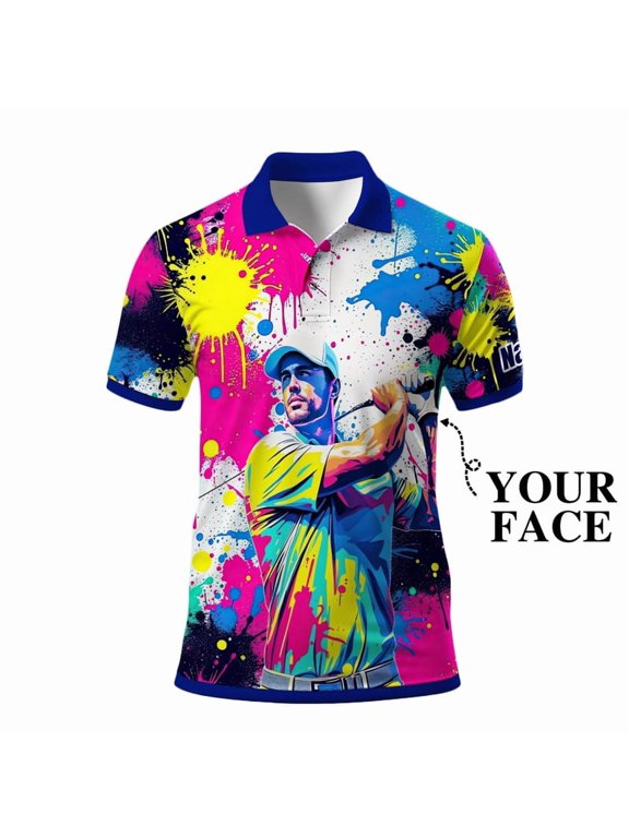 Men’s Pop Art Neon Grunge Golf Polo – Graffiti Spray & Metallic Sunburst