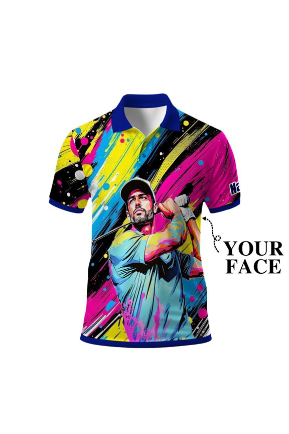 Men’s Pop Art Neon Grunge Golf Polo – Graffiti Spray & Metallic Sunburst