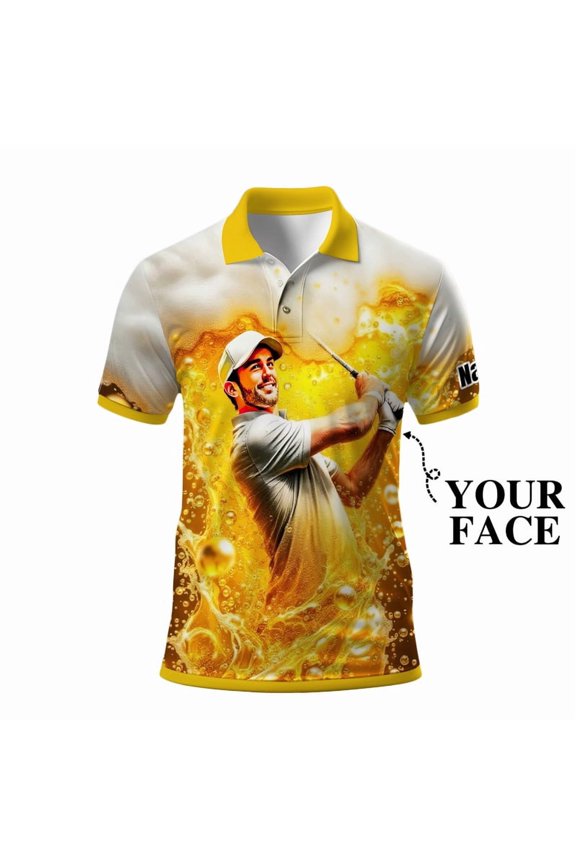 Personalized Beer Lover Polo Shirt for Men – Custom Face Print, Fun Party Style & Unique Gift Idea