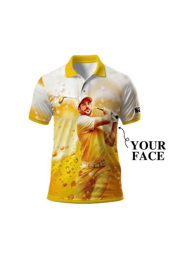 Personalized Beer Lover Polo Shirt for Men – Custom Face Print, Fun Party Style & Unique Gift Idea