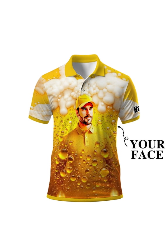 Personalized Beer Lover Polo Shirt for Men – Custom Face Print, Fun Party Style & Unique Gift Idea