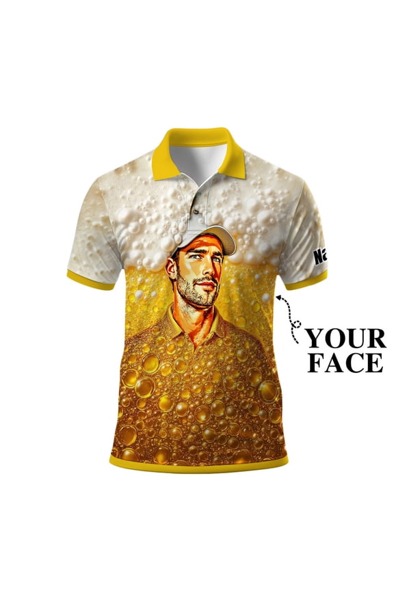 Personalized Beer Lover Polo Shirt for Men – Custom Face Print, Fun Party Style & Unique Gift Idea