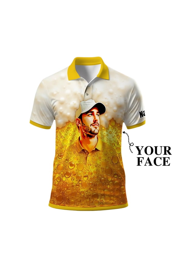 Personalized Beer Lover Polo Shirt for Men – Custom Face Print, Fun Party Style & Unique Gift Idea