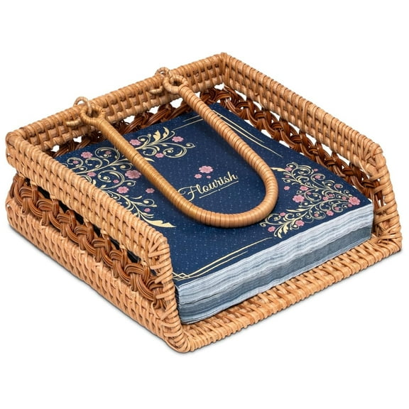 HOMYGIFTS Rattan Napkin Holder – Handwoven Natural Rattan Napkin Organizer for Dining Table - Braided Border Design