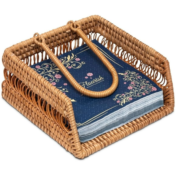 HOMYGIFTS Rattan Napkin Holder – Handwoven Natural Rattan Napkin Organizer for Dining Table - Ring Border Design