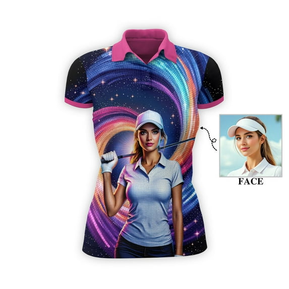 HOMYGIFTS Women’s Artistic Golf Polo Shirt – Vibrant Mosaic Golfer Design