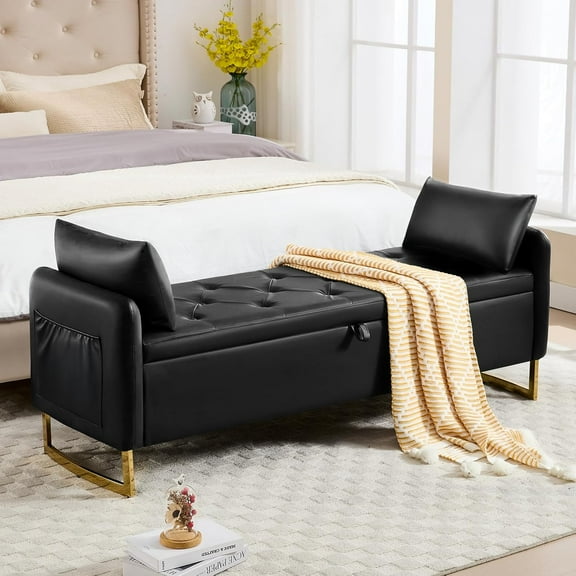 HOMYKA 65" Storage  for Bedroom, End of Bed Storage  King Size for Foot of Bed with Tufted Button and Gold Legs, Upholstered Faux Leather Window Ottoman Benches with Armrests, Black