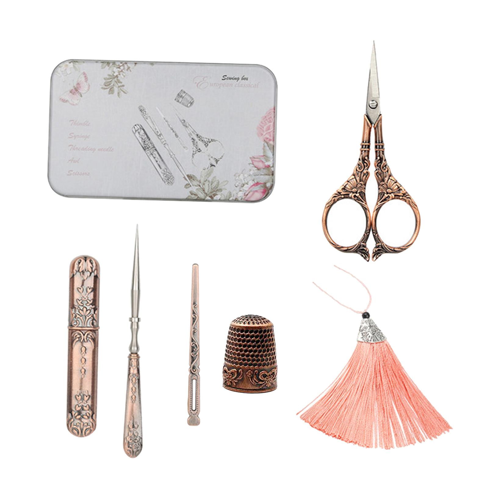 HOMYL 5Pcs/set Exquisite Vintage Scissors Set Scissors+Needle Storage Tube+Awl+Needle Lily