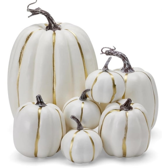 HOMYL 7 Pack White Pumpkins with Gold Stripes Ribbed Foam Construction for Fall Home Decor Thanksgiving Table Centerpiece Mantel Shelf Styling