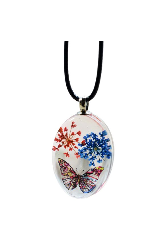 Oval Shape Glass Necklace Pendants With Dried Flowers Design Time Gem Jewelry