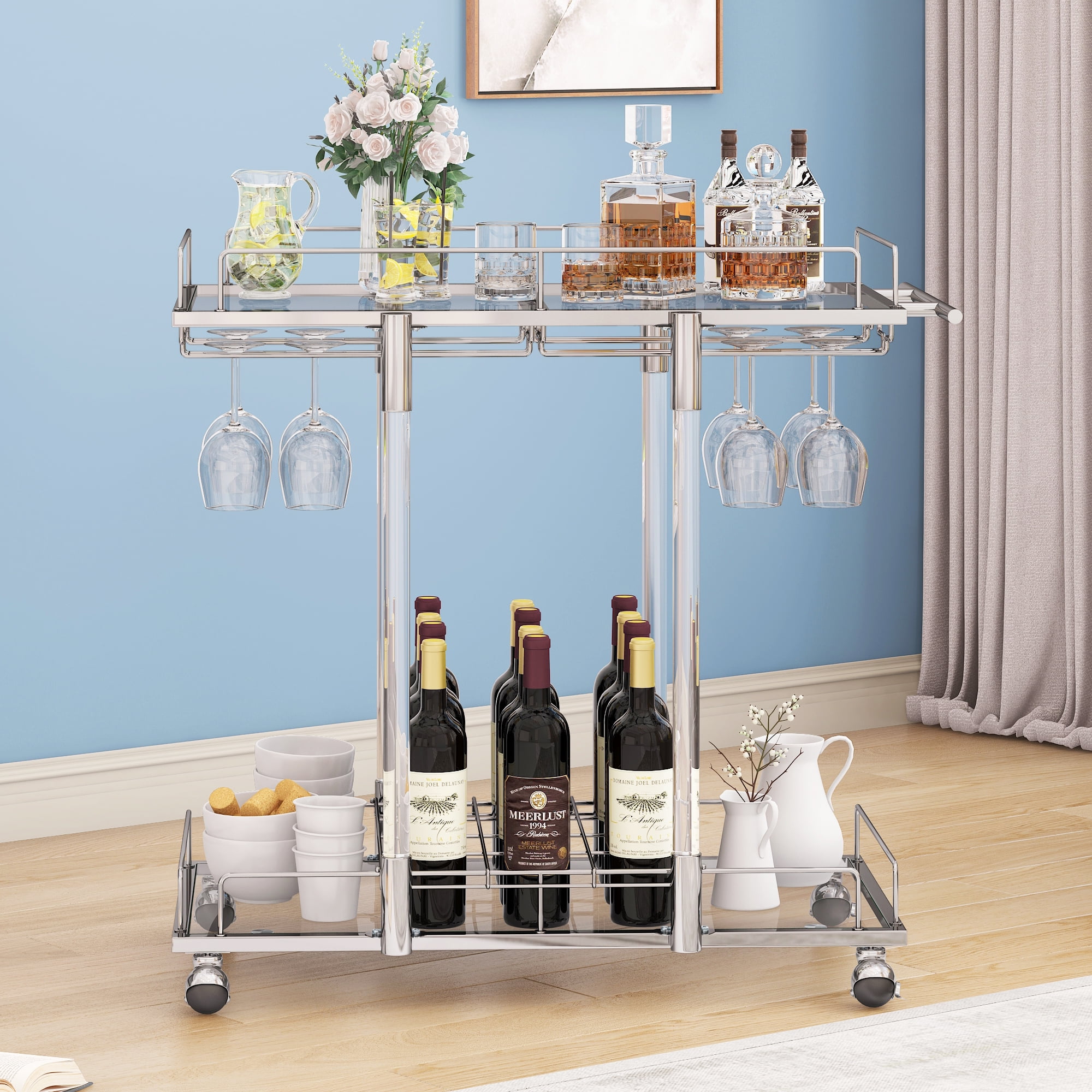 HOMYSHOPY Acrylic Bar Cart with Wine Rack & Glass Holder, 2-Tier Silver  Rolling Cart, Chrome