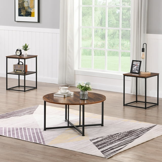 Modern 3Piece Coffee Table Set, Round Center Table & 2