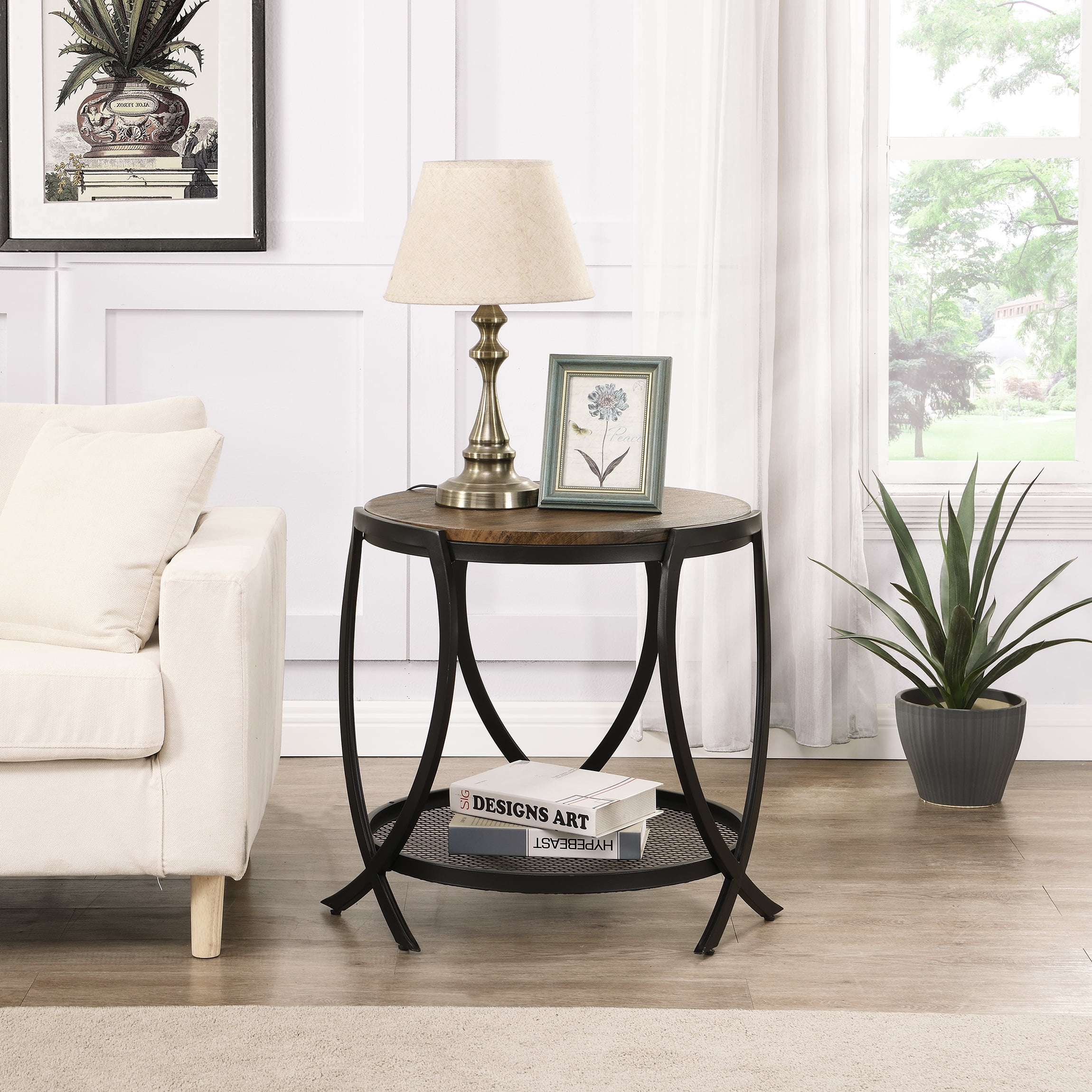 VASAGLE Round End Table with 2 Shelves