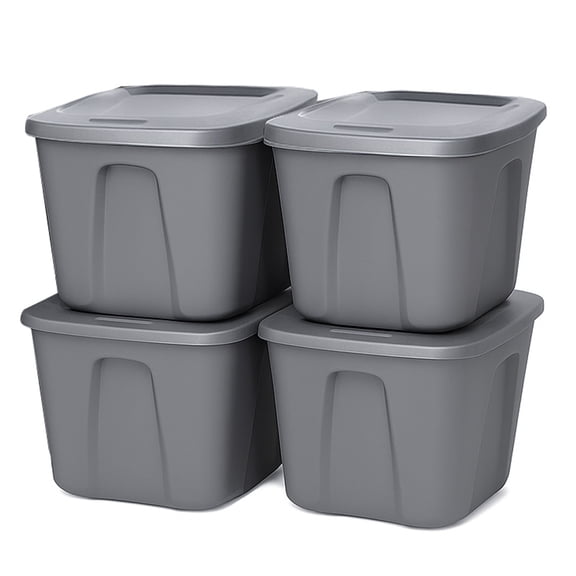 HOMZ 10-Gal Heavy Duty Plastic Storage Container, Titanium Silver (4 Pack)