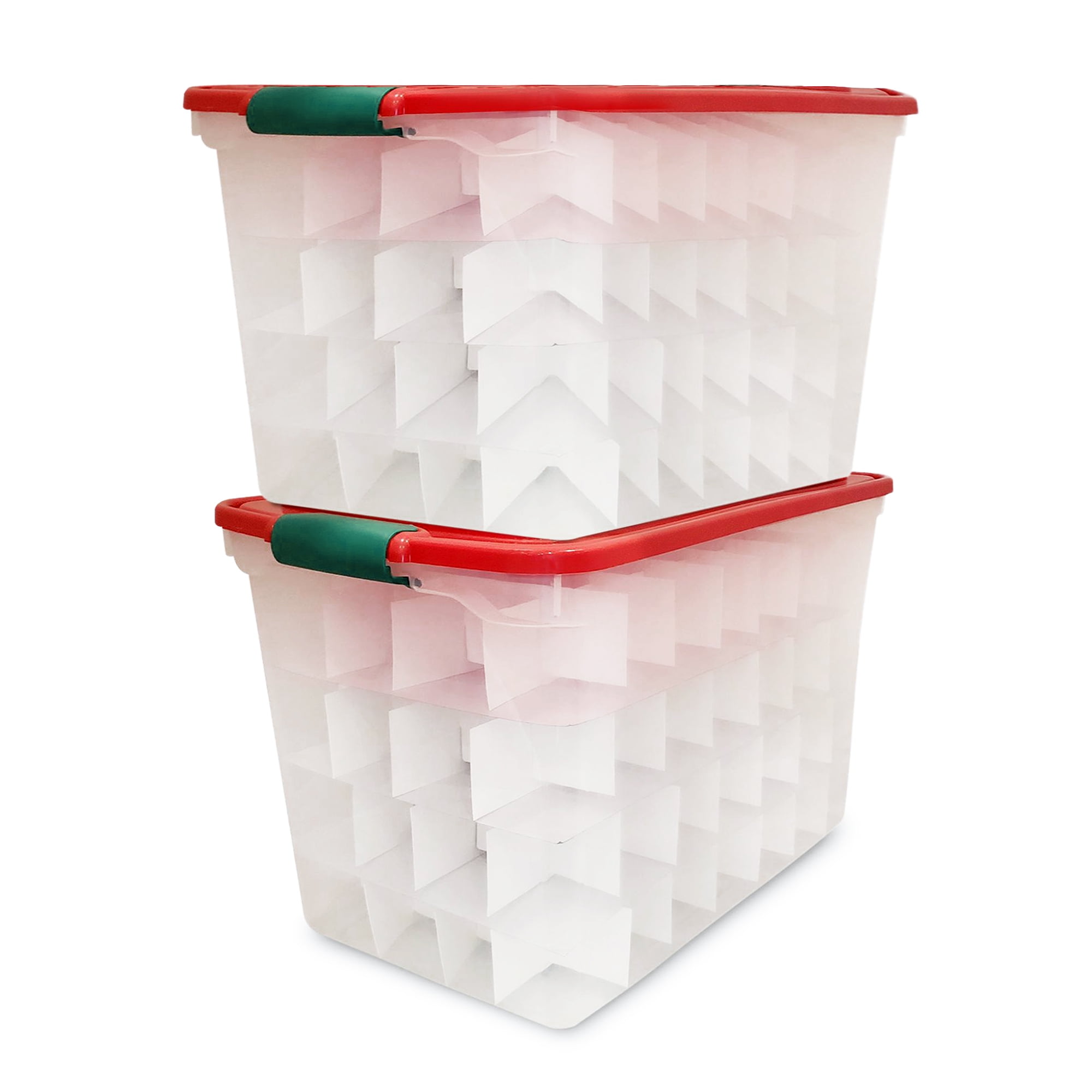 HOMZ 112-Quart Holiday Clear Plastic Ornament Storage, Red/Green