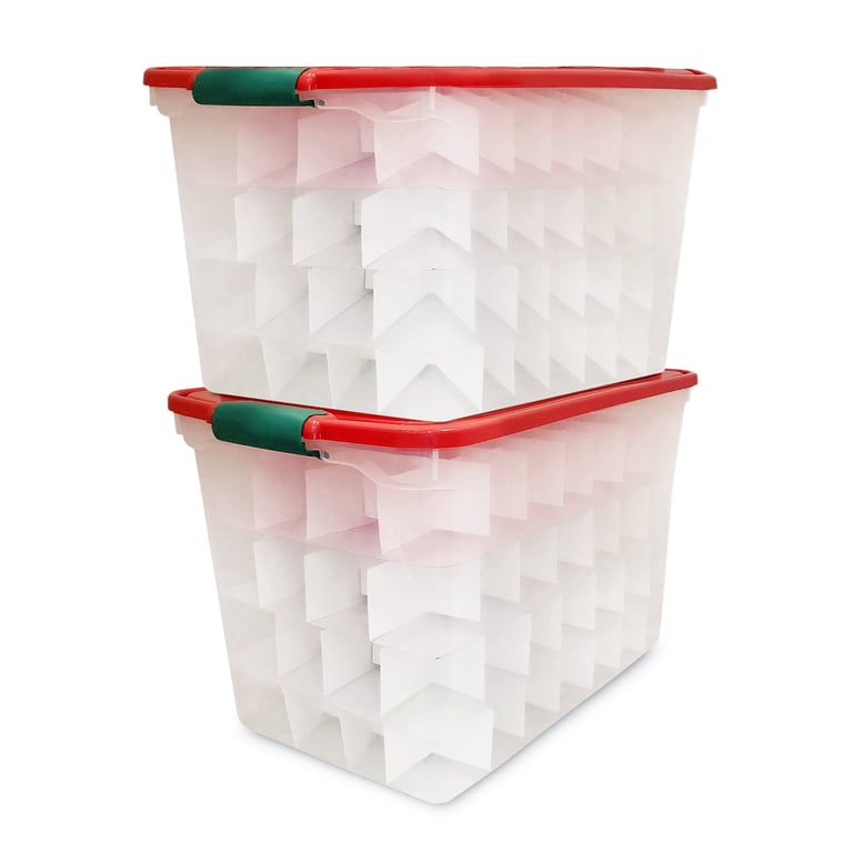 HOMZ 112-Quart Holiday Clear Plastic Ornament Storage, Red/Green