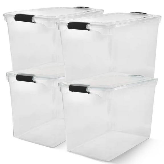 HOMZ 112 Quart Latching Clear Plastic Storage Container, Grey Latch, 4 Pack