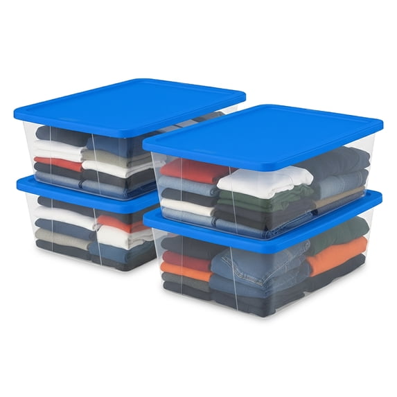 HOMZ 12-Quart Plastic Storage Bins with Snap-on Lids, Blue Lid, 4 Pack