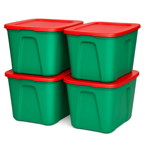 HOMZ 18 Gallon Heavy Duty Plastic Storage Container, Green/Red (4 Pack)