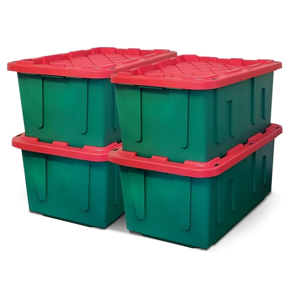 HOMZ 27 Gallon Heavy Duty Holiday Storage Tote, Green/Red, (4 Pack)