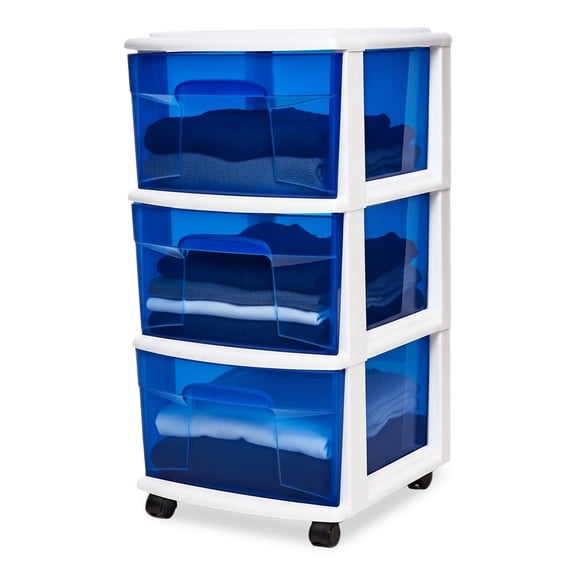 HOMZ 3-Drawer Cart Organizer with Removeable Wheels, Medium, White & Blue