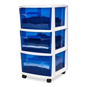 HOMZ 3-Drawer Cart Organizer with Removeable Wheels, Medium, White & Blue