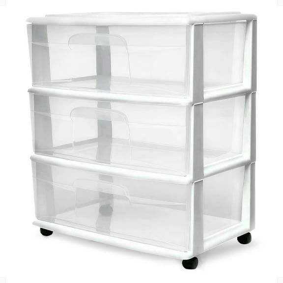 HOMZ Drawer Tower, 3-Tier Clear Plastic Wide Rolling Storage Cart, Removable Wheels, White