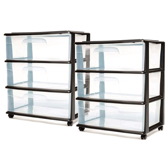 HOMZ 3-Drawer Cart Organizers with Removeable Wheels, Medium, Black & Clear