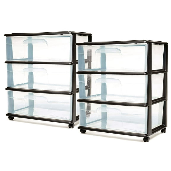 HOMZ 3-Drawer Cart Organizers with Removeable Wheels, Medium, Black & Clear