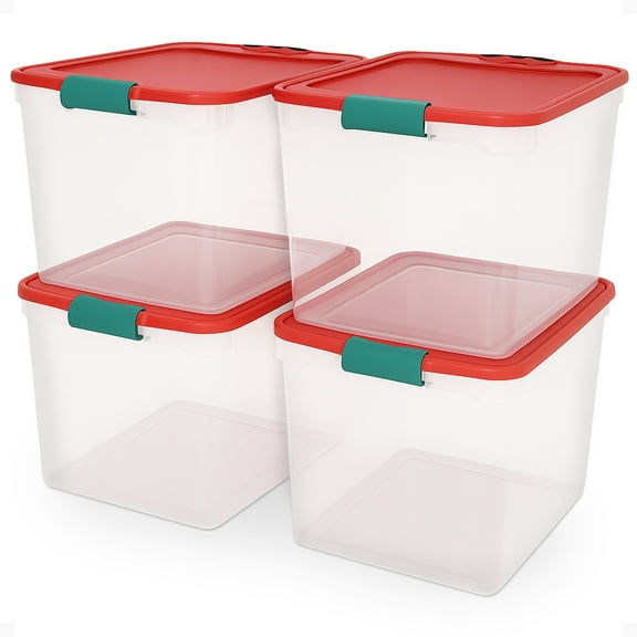 HOMZ 31 Qt Holiday Plastic Storage Container Bin with Latching Lid, 4 Pack