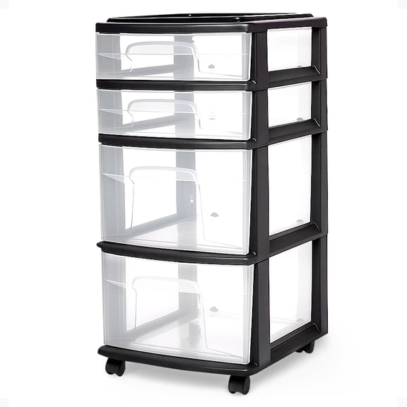 HOMZ 4-Drawer Plastic Cart Organizer - Removable Wheels - Medium, Black