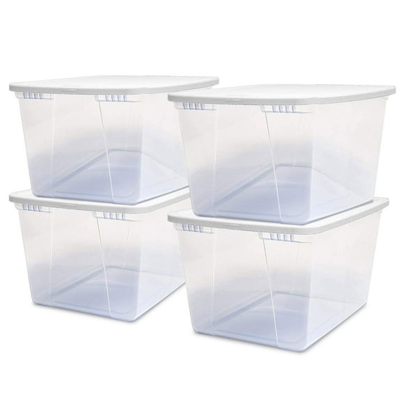 HOMZ 56-Quart Clear Stackable Plastic Storage Containers, White Lid, 4 Pack