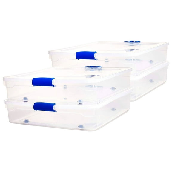 HOMZ 56-Quart Clear Underbed Storage Container with Lid and Wheels, 4 Pack